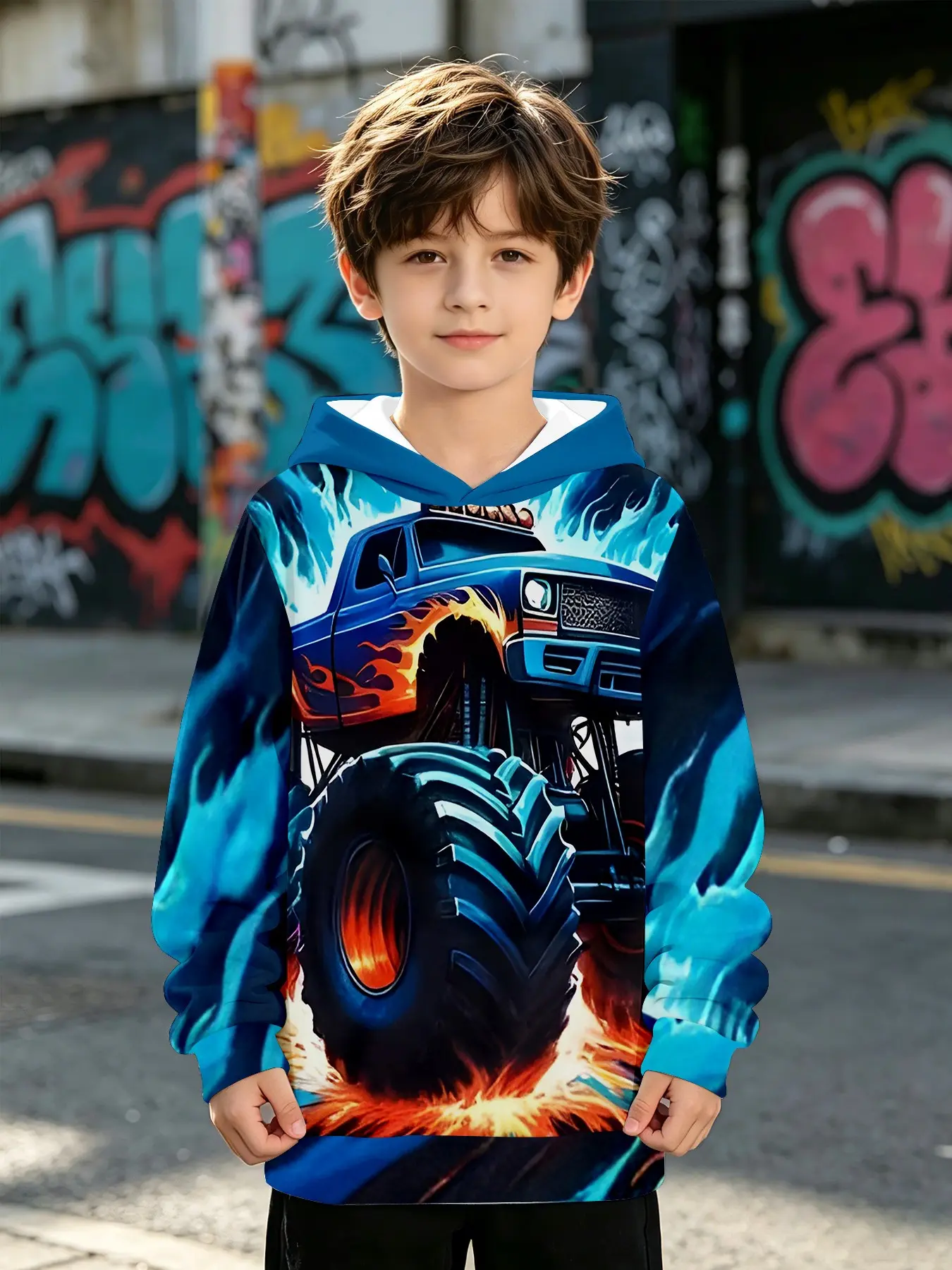 Hooded Sweatshirt, Blue Flame Monster Truck 3D Digital Print, Long Sleeve Loose Fit, Fall & Winter Casual Wear