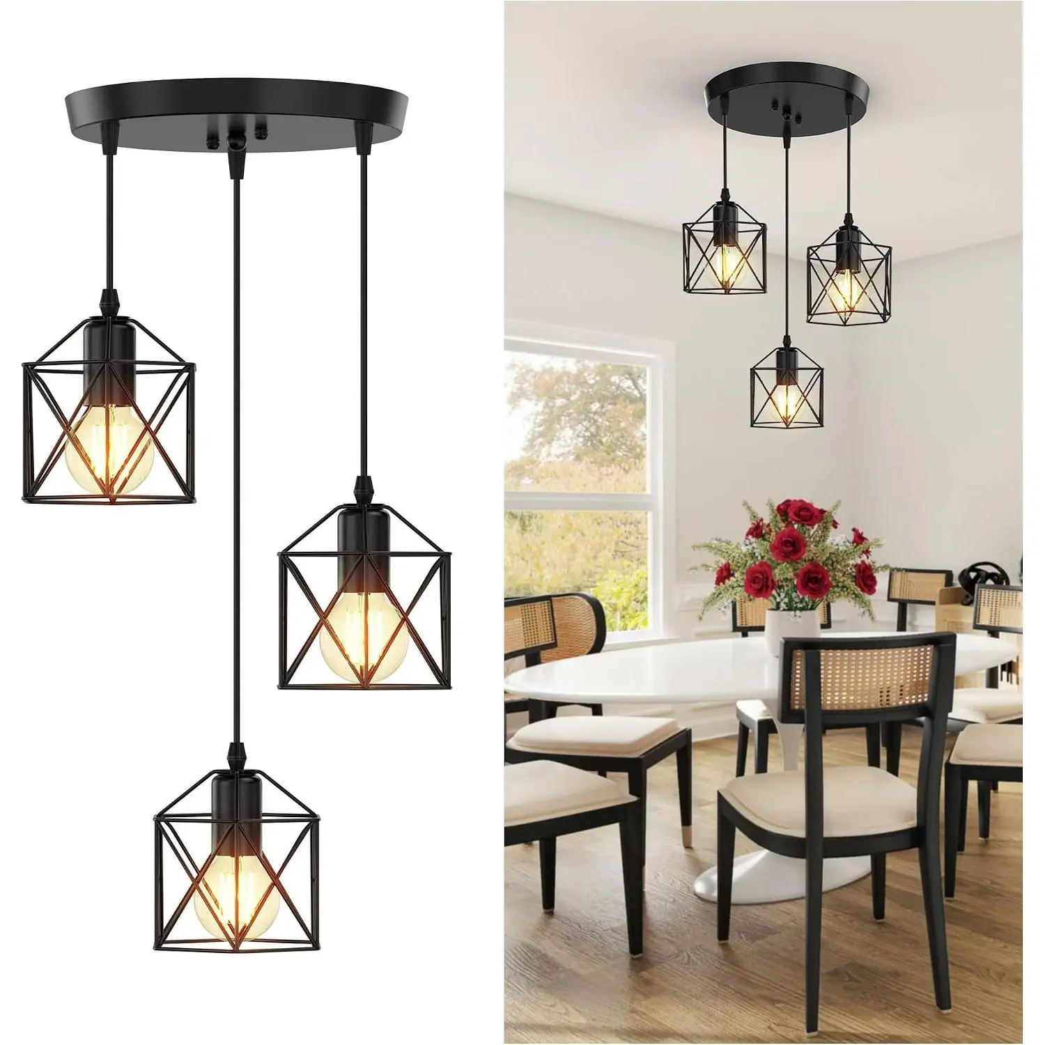 Industrial 3-Light Rustic Pendant Lamp, Matte Black Farmhouse Hanging Ceiling Fixture with Adjustable Height, E26 Base, Dimmable Bulb Compatible, Indoor Use for Kitchen Island, Dining Room