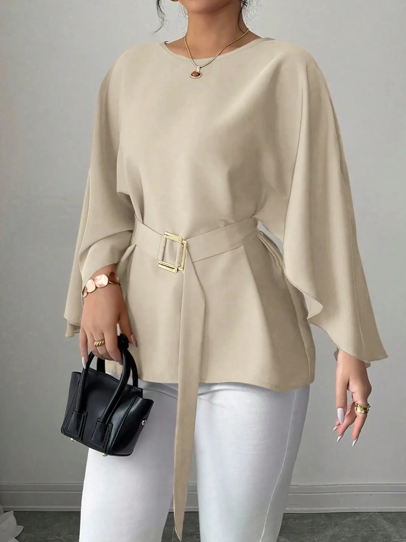Women Round Neck Flare Sleeve Blouse With Matching Waist Belt, Loose Batwing Sleeve Belted Tunic Top, Gold Square Buckle Self Tie Waist Slimming Shirt, Elegant Office Business Casual Blouses