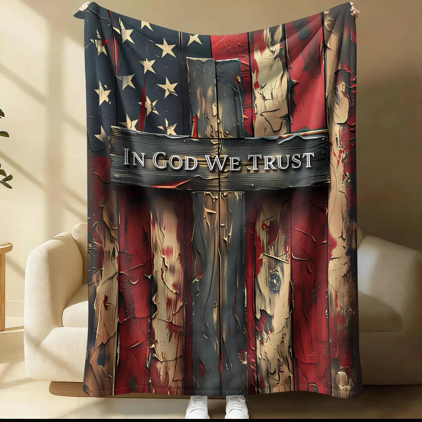 Vintage-Style American Flag and Cross Pattern Bedding With Wood-Grain Look, Rustic Farmhouse-Style Flannel Blanket, Decorative Blanket, Plush Texture, Soft and Cozy—Perfect for Patriots, Independence Day Bedroom Decor, Ideal As Sofa Throw Blanket