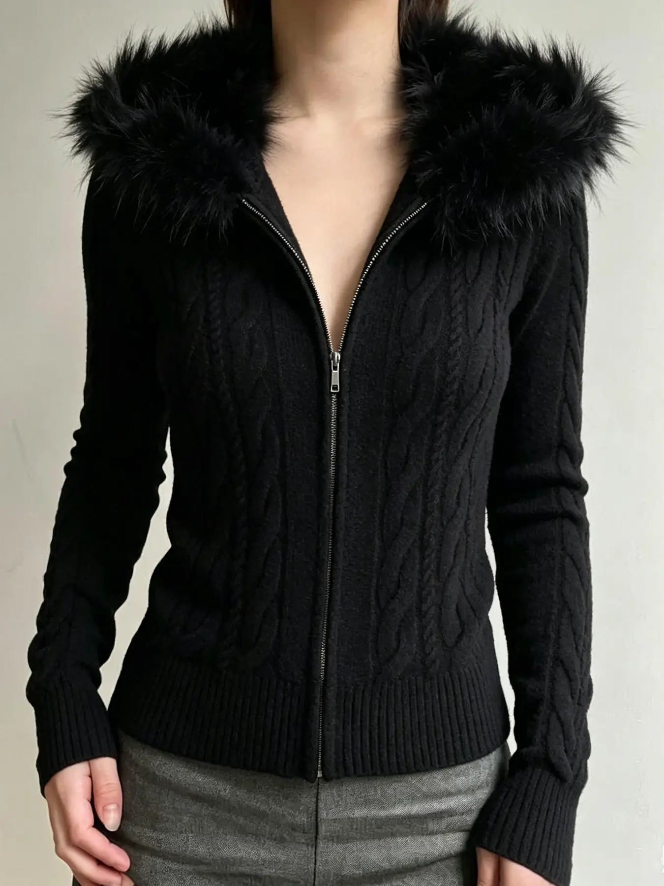Artificial Fur Collar Knit Zipper Open Front Sweater Y2K Long Sleeve Fall Winter Retro Cute Casual Street Fashion Hooded Pullover for Women Knitwear Knitting