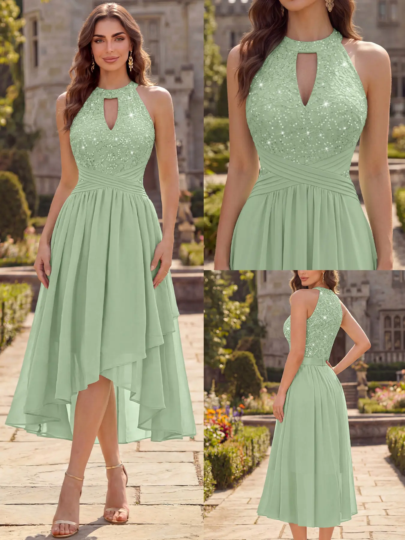 MIUSOL 56991A Sequin Floral Lace Keyhole Neckline Sleeveless Chiffon Ruched Formal Evening Cocktail Prom Party Swing Dress，Spring & Summer Women Dress，Suitable For Birthday Party,Wedding Guest,Dinner