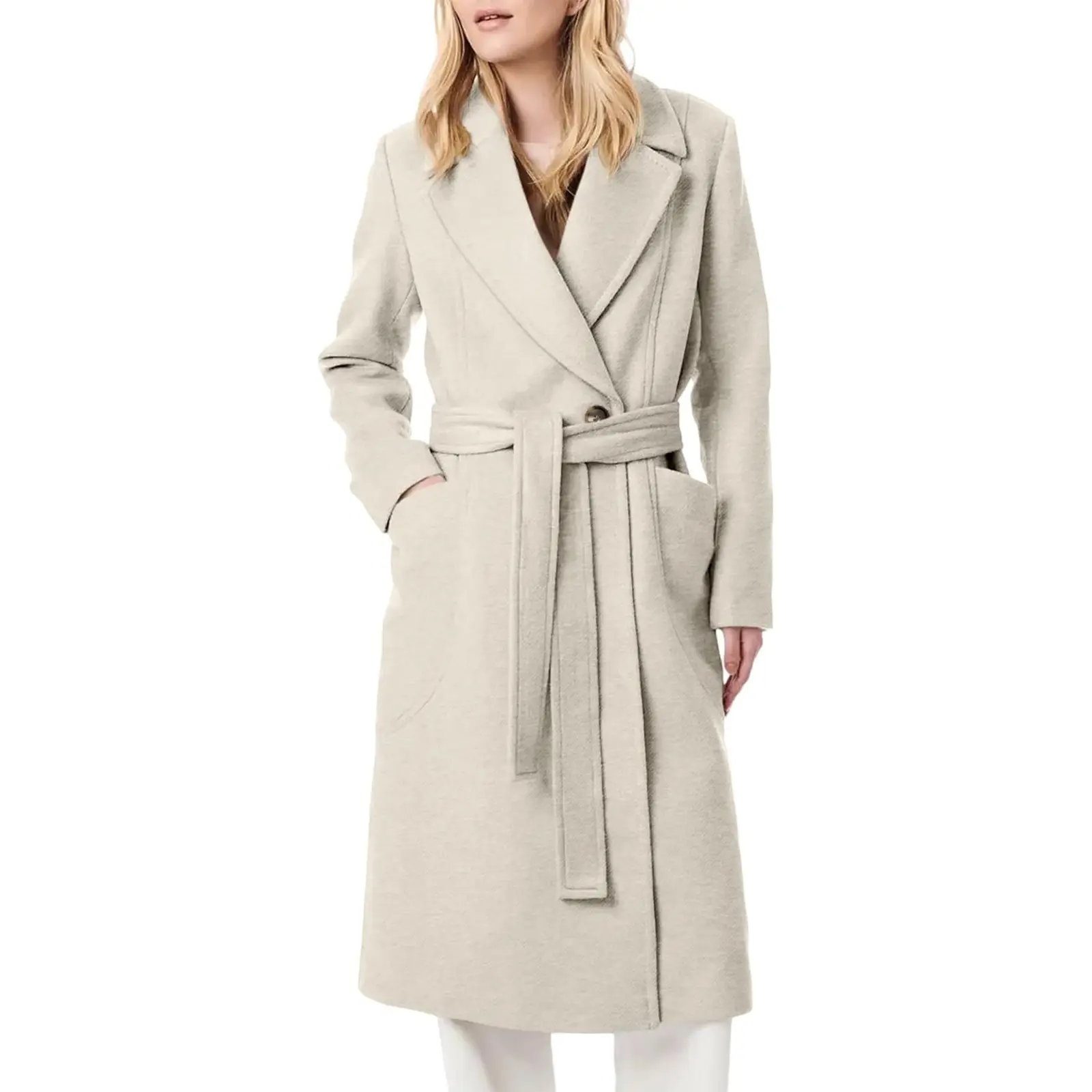 Women's Notch Lapel Collar Coat Long Sleeve Casual Fall Winter Long Overcoat with Belt, Casual Work Office Overcoat with Pocket