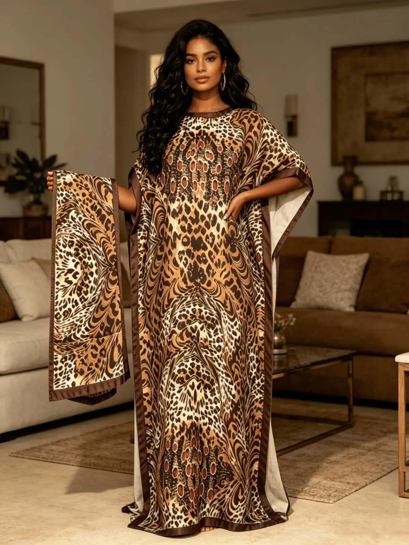 Women's Leopard Paisley Print Maxi Kaftan Dress with Scarf, Lightweight Loose Batwing Beach Cover Up, Loungewear Pajama for Resort Pool Home