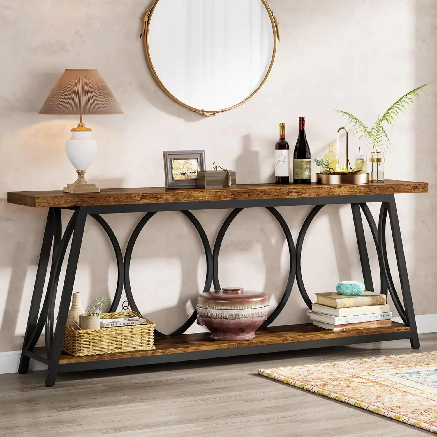 LustreC 70.9-in Extra Long Industrial Console Table, Rustic Brown Narrow 2-Tier Storage Shelf for Living Room, Entryway, Wood, Metal, Circle Back, Sturdy Legs