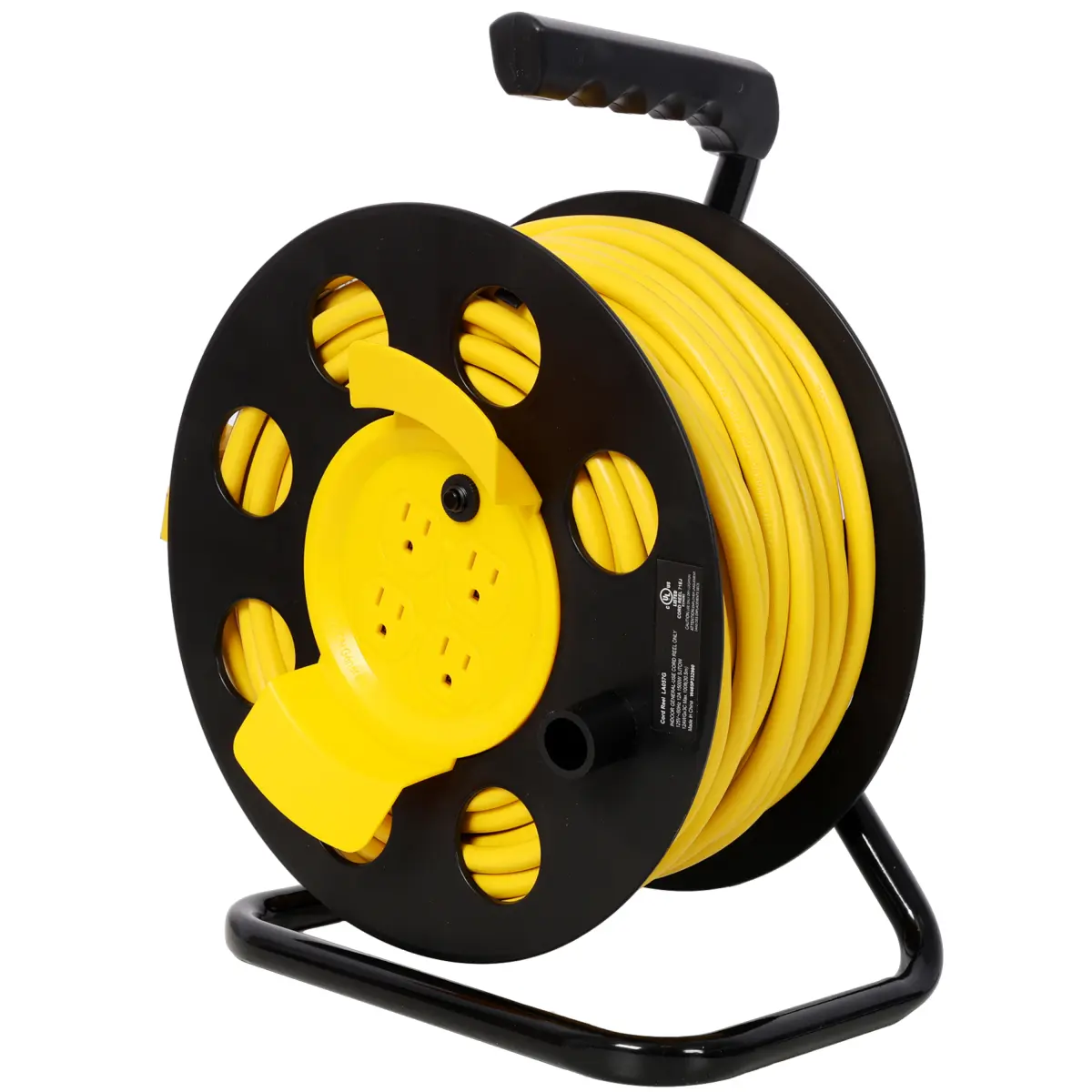 100 FT SJTW 12AWG Extension Cord Reel with 4 Grounded Outlets & Dust Covers, Heavy-Duty Water Oil UV Resistant Manual Retractable Power Reel with Metal Stand Handle for Indoor Workshop Outdoor Job Site