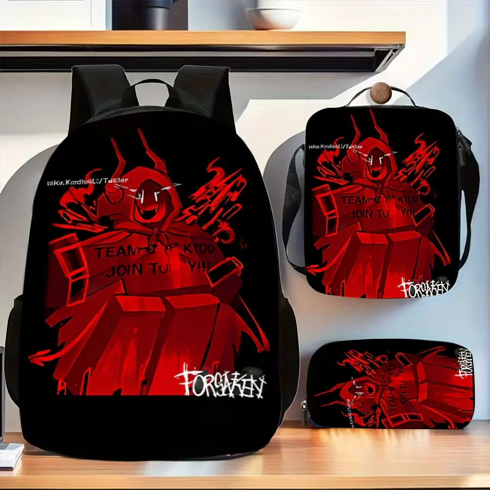 Boys' 3-in-1 Backpack Set, Synthetic Oxford Horror Game Graffiti Print School Kit with Insulated Lunch Bag & Pencil Case for Campus Life, 3-In-1 Matching School Kit, Crossbody/Shoulder Bag, Daily Commute, Dark Gothic Red Hooded Demon, Graffiti Game Fans,