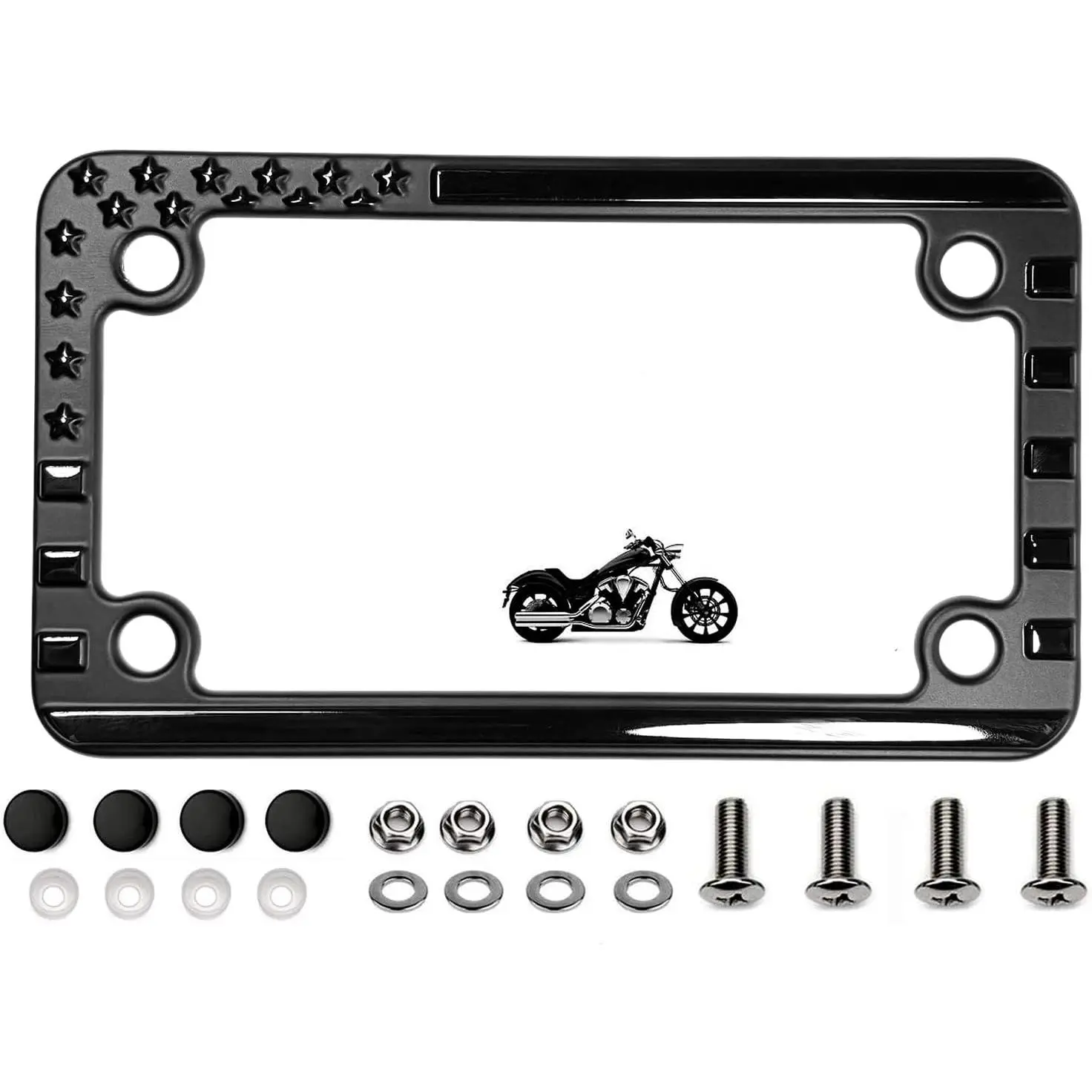 3D Embossed American Flag Motorcycle Aluminum License Plate Frame, Black (Pack of 1)
