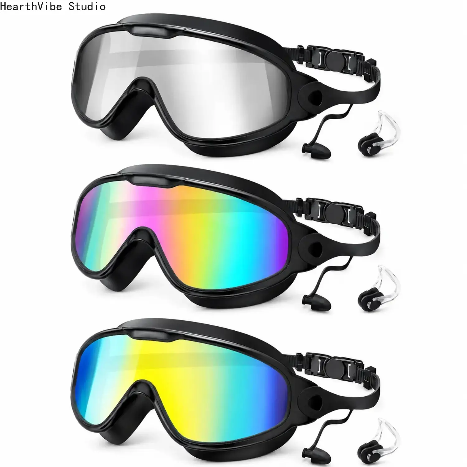 Adult Swim Goggles 2/3-Pack, Wide View UV400 Anti-Fog Leakproof Swimming Glasses with Nose Clips, No Leaking Clear Vision No Pressure Pool Goggles for Men Women Outdoor Water Sports