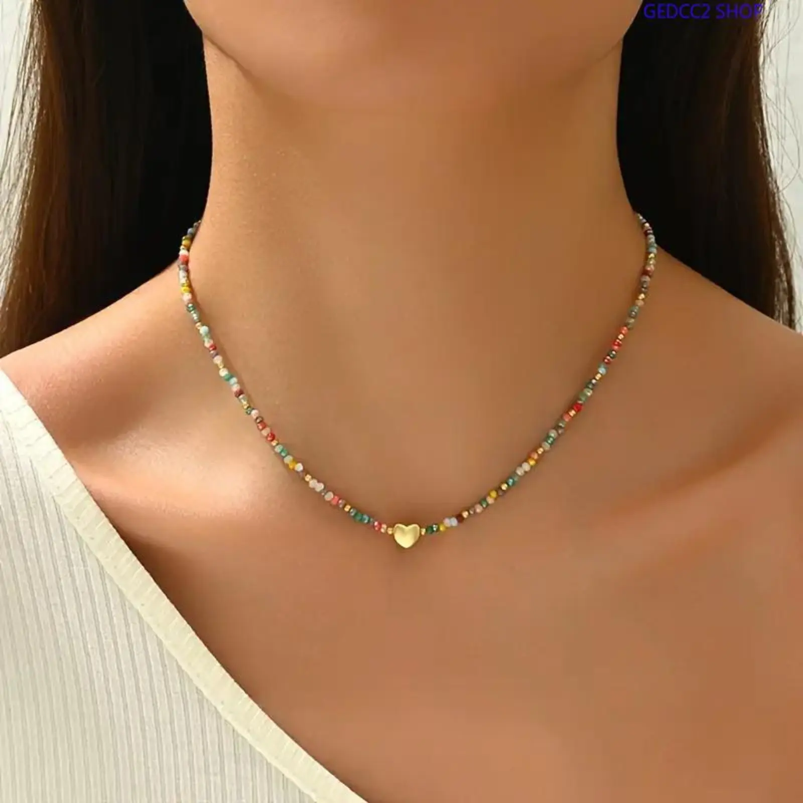 Women's Boho Crystal Beaded Chain Necklace, Gold Heart Pendant Choker, Summer Fashion Jewelry for Daily Wear & Gifts