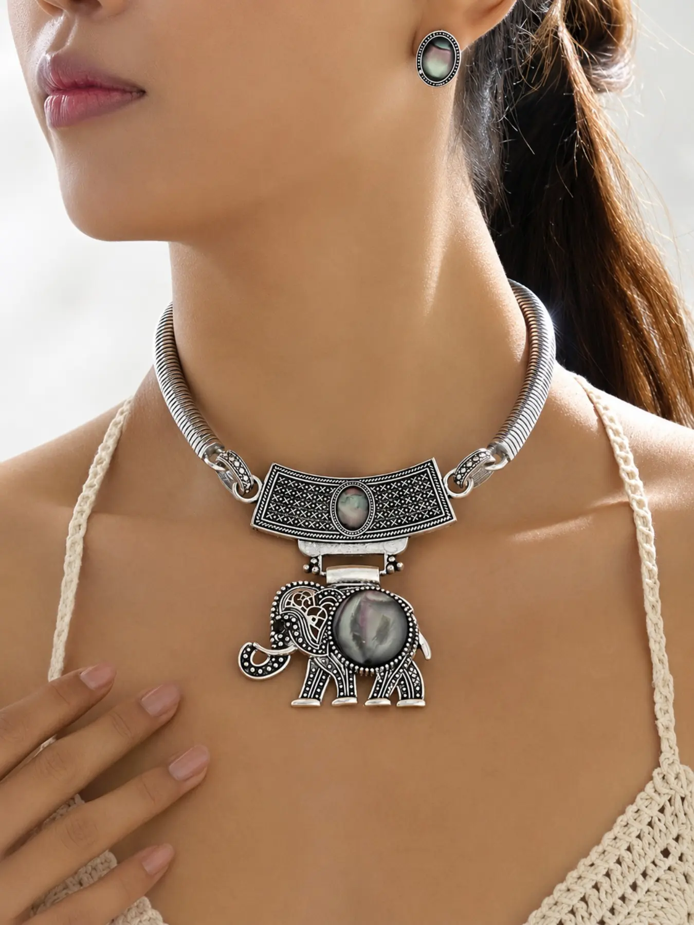 2Pcs Vintage Oxidized Silver Elephant Jewelry Set Necklace and Earring Set for Women, Tribal Boho Coiled Torque Choker Dark Mother of Pearl Abalone Shell Pendant Oval Stud Earrings Pack, Ethnic Statement Festival Accessories