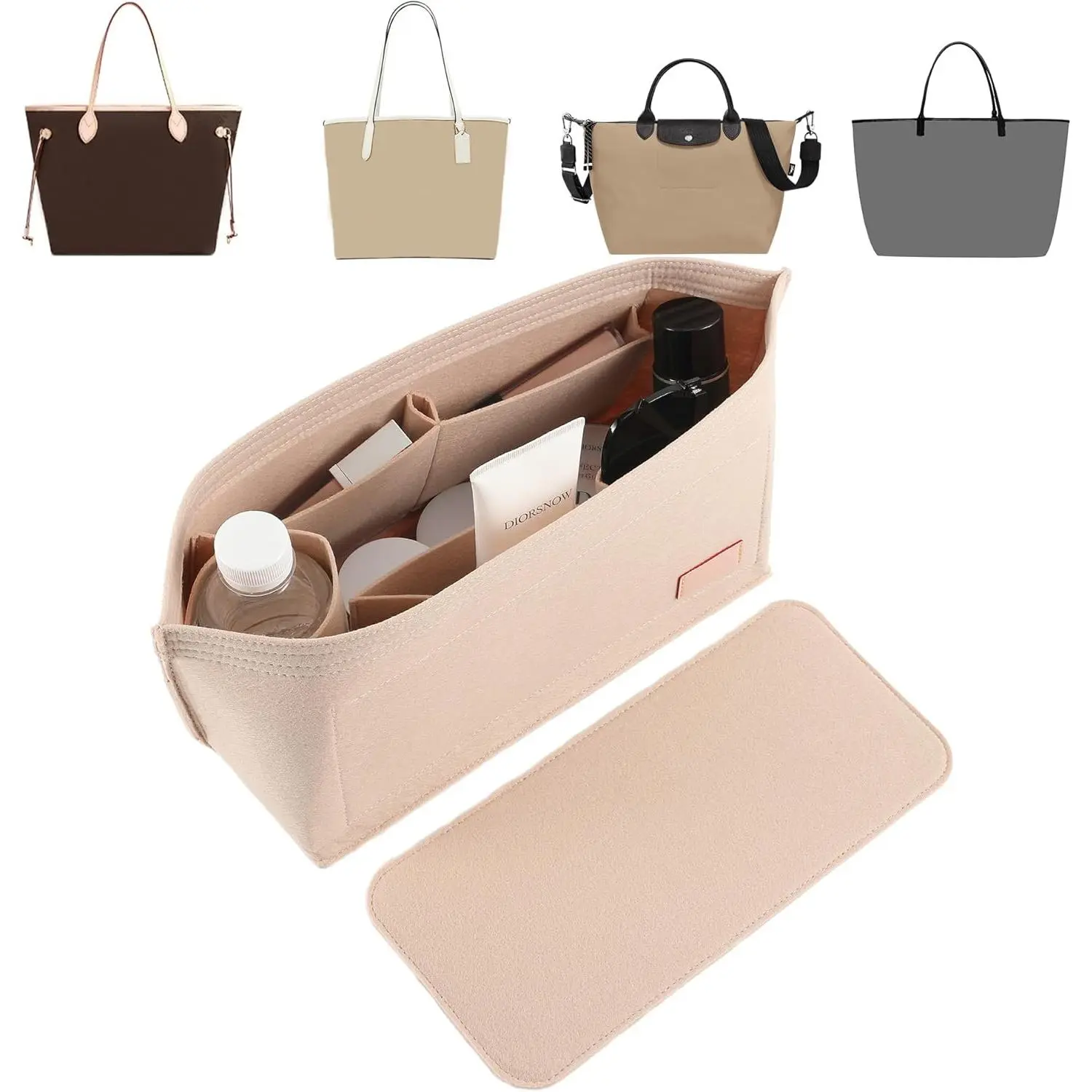 Purse Organizer Insert for Handbags & Base Shaper 2pc Set, Felt Neverfull MM Organizer Insert, Tote Bag Organizer with Zipper Pocket and Bottle Holder, Fit Speedy 30 Neverfull MM and More,Beige-L