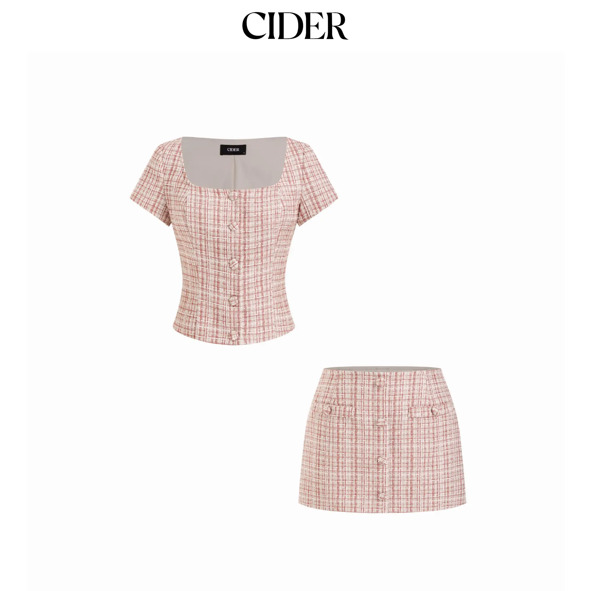 Cider Tweed Square Neck Checks Top & Mid Rise Mini Skirt Set SohoChic
