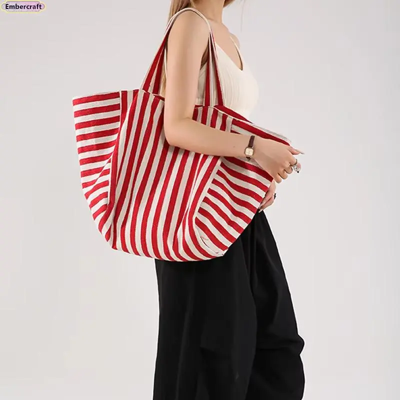 Women's Striped Canvas Tote Bag - Large Capacity, Lightweight, Minimalist Reusable Work Bags for Women, Commuter Shoulder Tote for Travel & Daily Errands, Simple Aesthetic Everyday Carryall