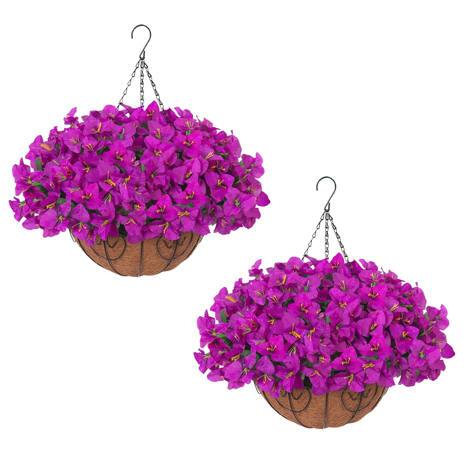 Set of 2 Wall‑Mounted Hanging Planters Pre‑Fitted With Artificial Bougainvillea, 30cm Half‑Round Coconut Fiber Baskets, Sturdy Iron Frame and Hanging Chains, Indoor & Outdoor Decor for Porch, Patio and Balcony