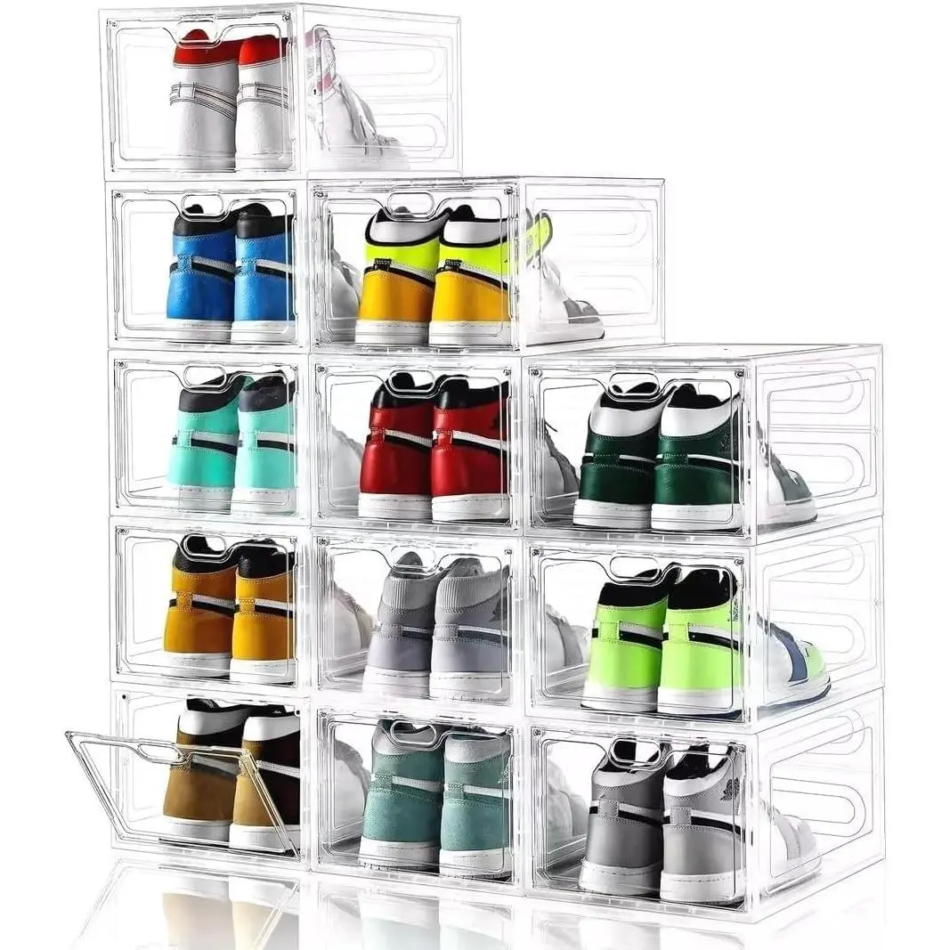 12 Pack Large Shoe Storage Box, Clear Shoe Storage Organizer with Magnetic Door, Stackable,Shoe Containers For Display Sneakers, Easy Assembly, Fit up to US Size 12, Clear