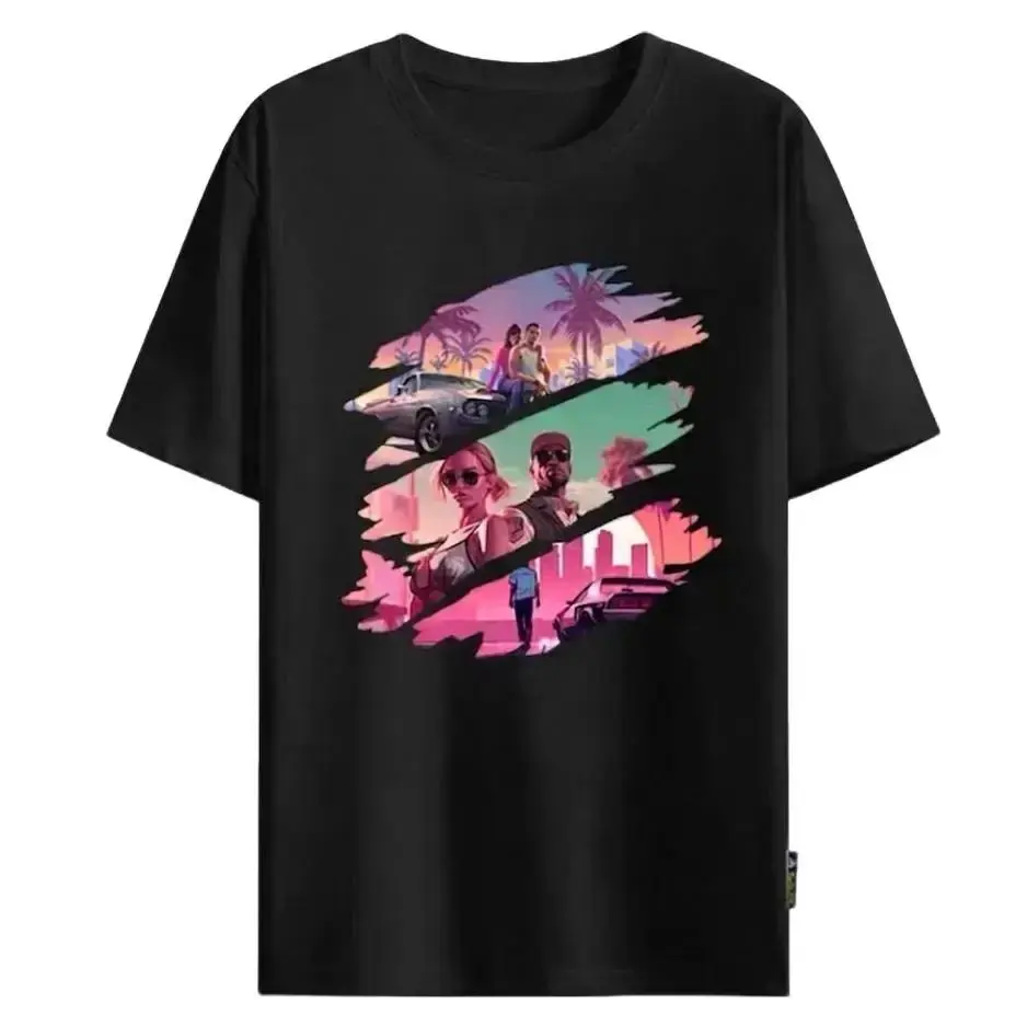 Men's GTA 6 Inspired Cotton Graphic T-Shirt - Casual Round Neck Loose Soft Cartoon Vice City Retro Miami Sunset Gamer Menswear Top