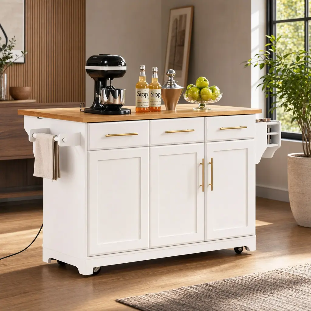 ARCH K&K 59.3" White Rolling Kitchen Island with Storage, Drop Leaf, Trash Can Cabinet, Power Outlet, Spice & Towel Racks, Rubber Wood Top, 2 Pull-Out Organizers