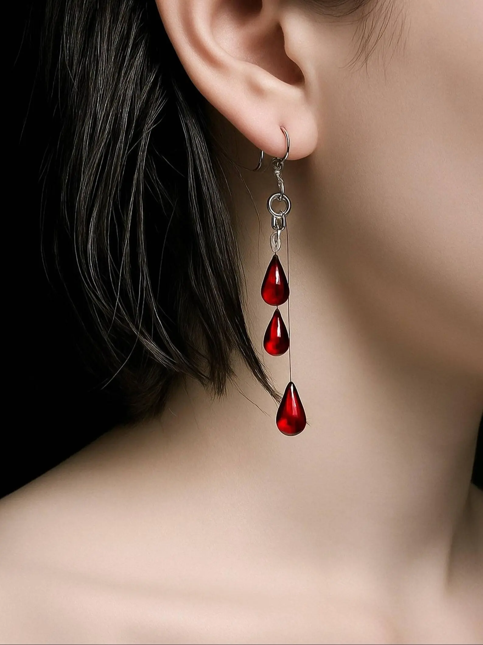 3 tier gradient red water drop dangle silver hook earrings, gothic vampire blood teardrop long dangling ear jewelry, halloween alt dark aesthetic translucent red glass drop earrings, Fashion Dangle Earrings