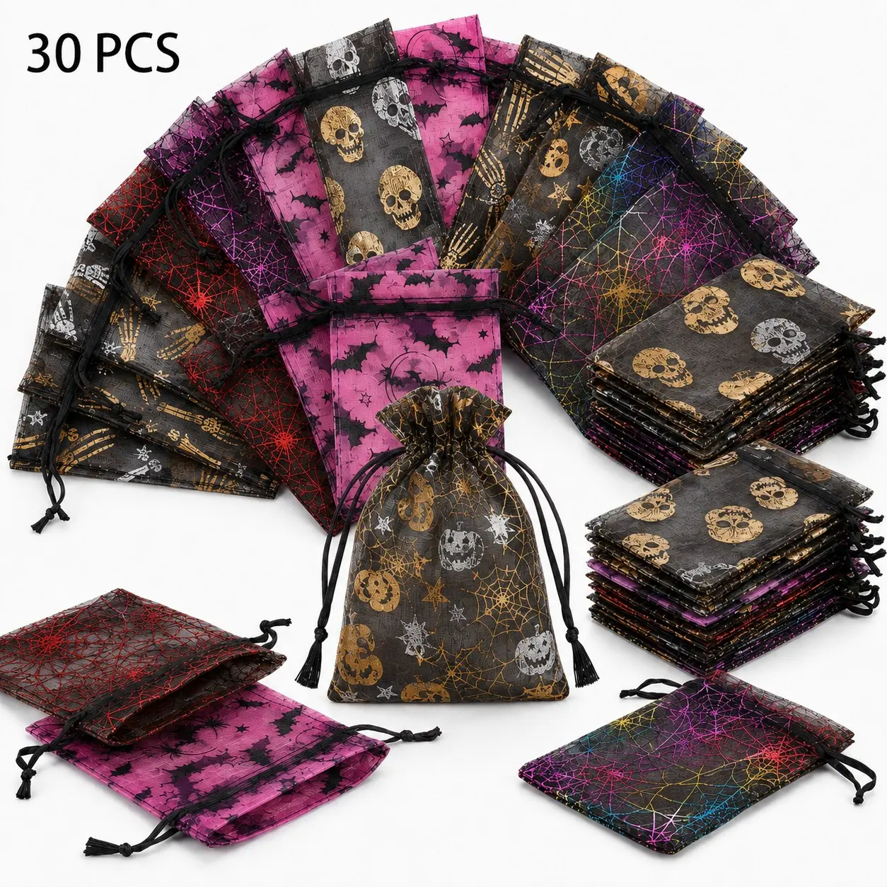 30-Pack Halloween Organza Drawstring Gift Bags, Transparent Candy Bags with Aluminum Foil Spider Web Ghost Skull Bat Print, Durable Party Supplies