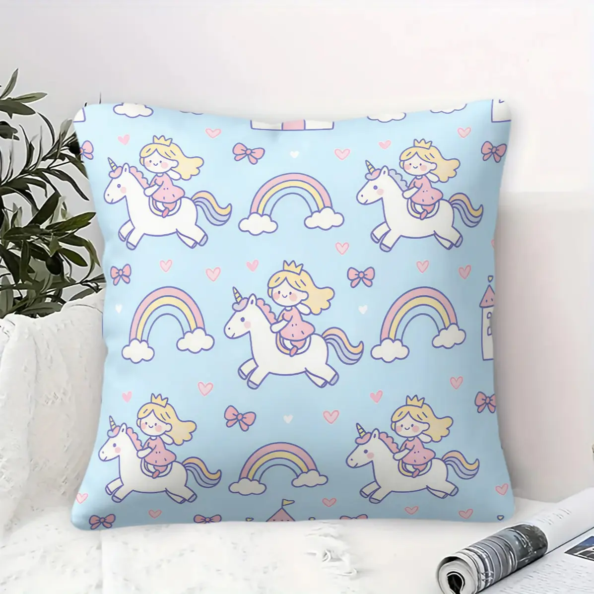 45x45cm1Pc Dreamy Princess Unicorn Pillow, multi-tone rainbow castle cartoon prints, fluffy removable cover, decor cushion for bedroom & living room (with insert)