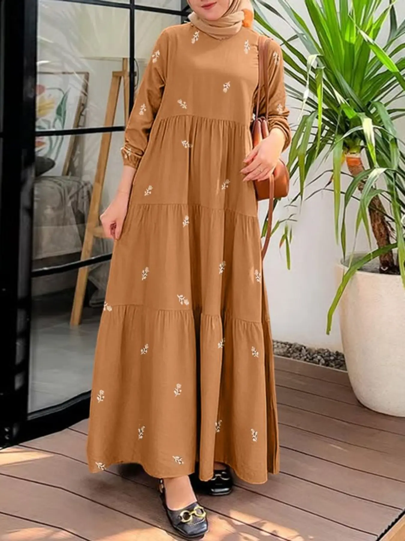 Women's Round Neck Long Sleeve Floral Layered Ruched Patchwork Loose Dress, Modest Muslim Clothing, Modest Style, Casual Spring & Fall Daily Wear, Unlined
