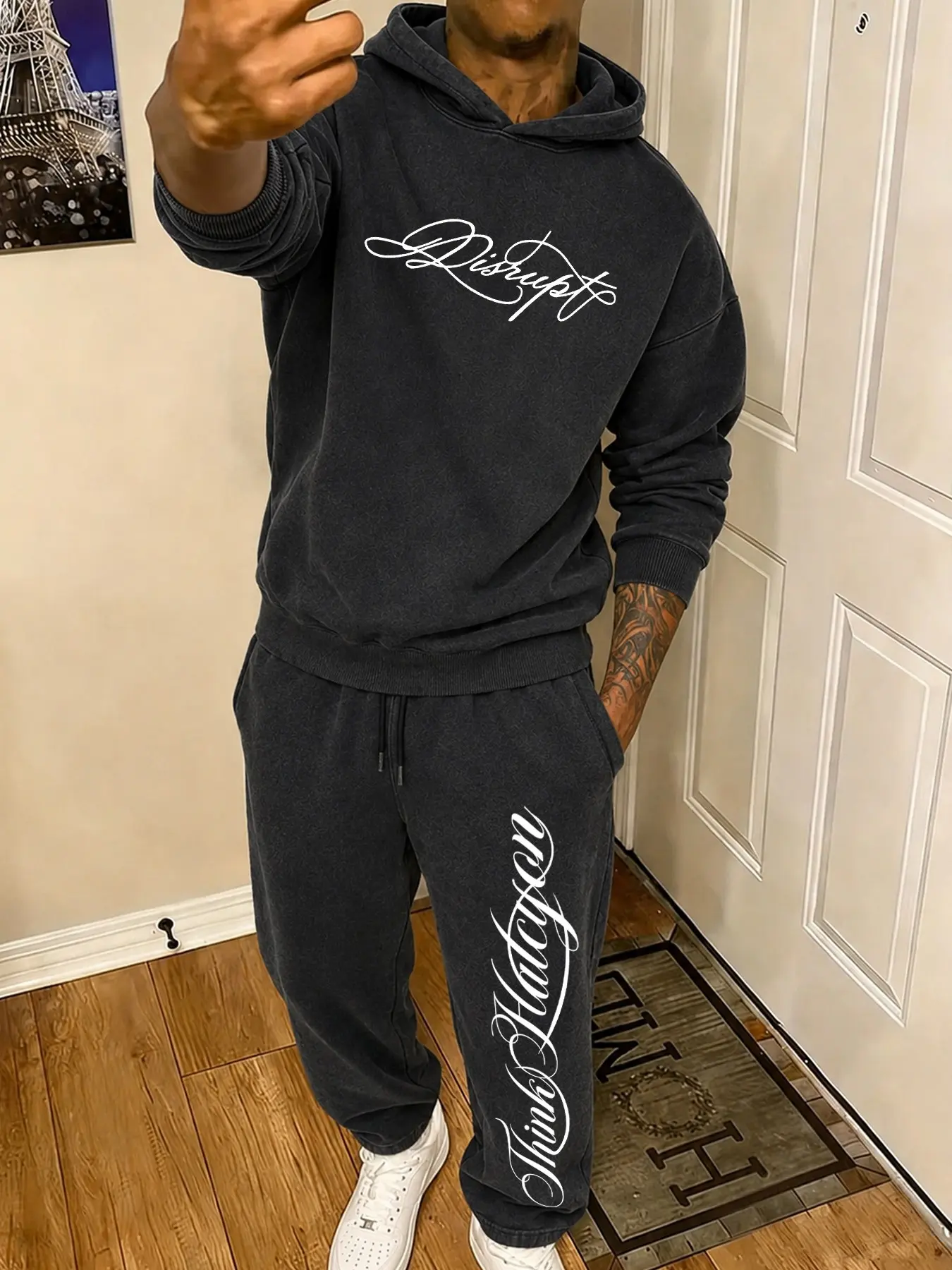 Men's Y2K Vintage Washed Black Hoodie and Sweatpants Tracksuit Set, Cursive Script Graphic Pullover Hooded Sweatshirt & Joggers Sweatsuit for Streetwear Outfit