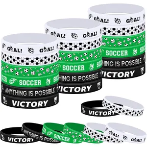 48 Pcs Soccer Silicone Bracelets Green Black White Motivational Rubber Wristbands 6 Designs for Theme Birthday Party Favors Sport Events School Prizes Supplies