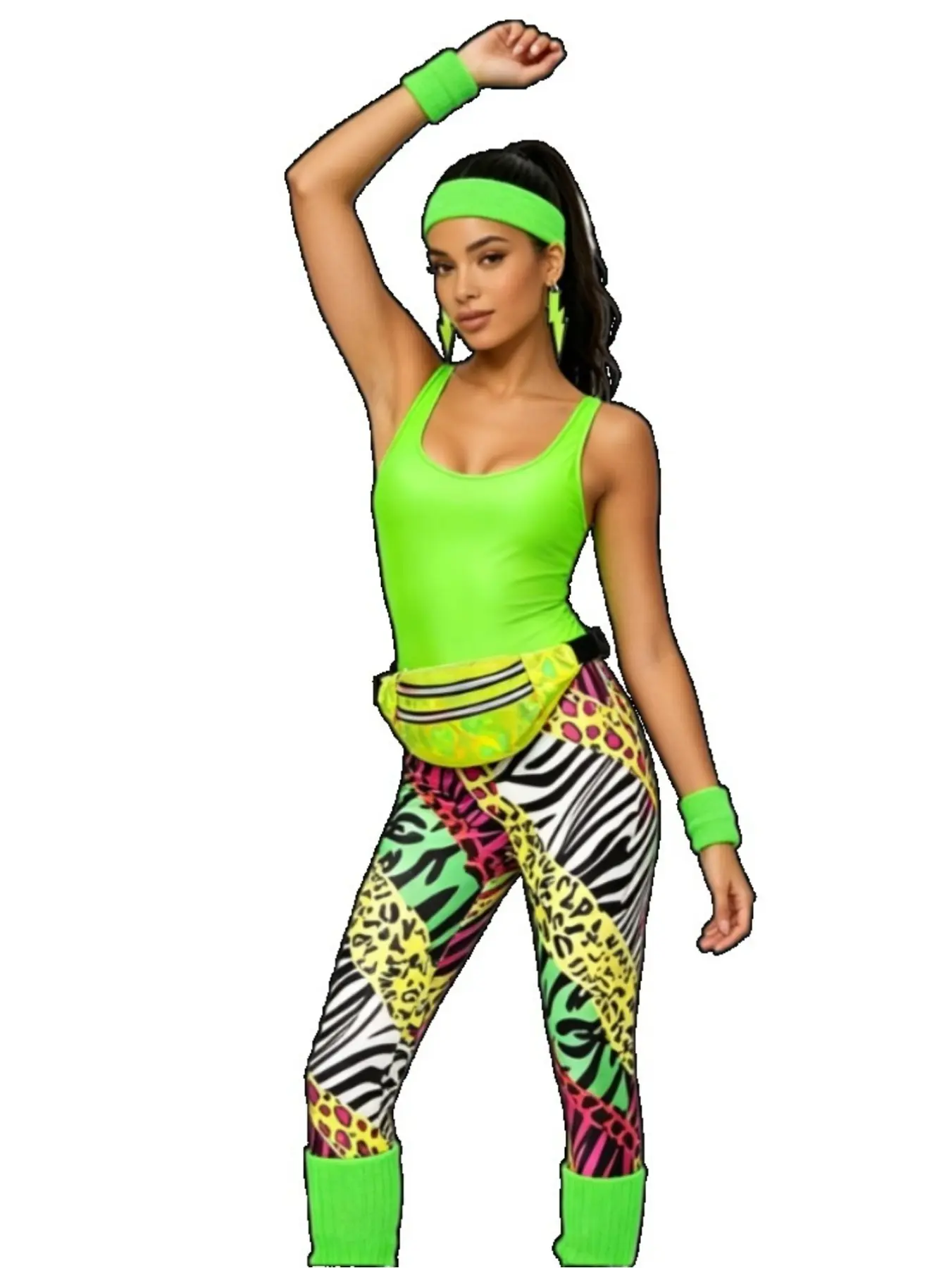7-Piece Neon Green 80s Workout Costume for Women - Aerobic Dance Party Outfit Dance Costumes with Leg Warmers, Headband & Gloves
