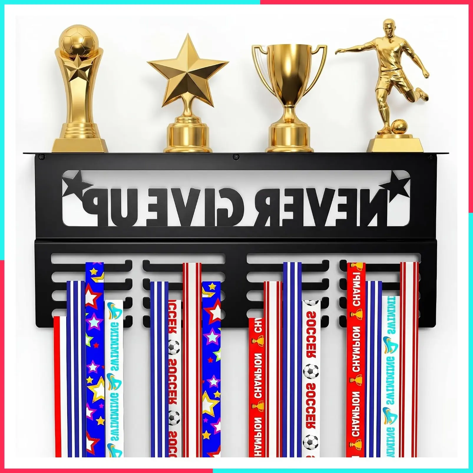 Black Medal Hanger Display & Trophy Shelf, Holds 64+ Medals