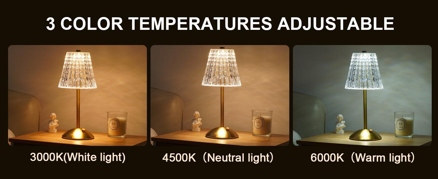 Cordless Touch Table Lamp, 3500mAh LED Rechargeable Small Dask Lamp, 3 Colors Dimmable Battery Operated Crysta Lamp for Bedroom Restaurant Kitchen Home Decor, Gold