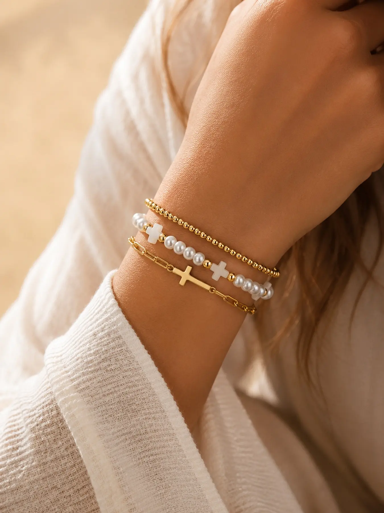 Gold Cross Bracelet Set for Women, 3 Layer Pearl Beaded & Chain Bracelets, Elegant Stackable Wrist Jewelry, Christmas Birthday Gift for Her