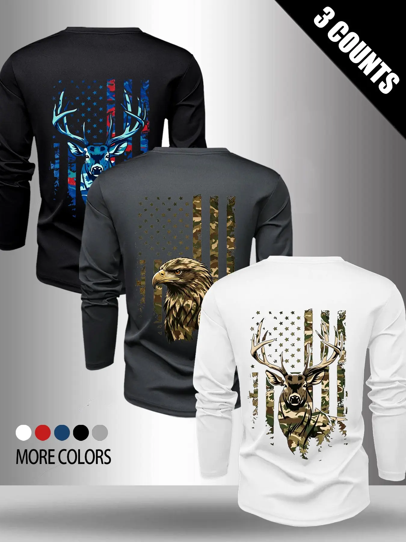 Men's 3-Pack Camo Usa Flag Deer Eagle Print Loose Long Sleeve T-Shirts, Breathable Outdoor Hunting Retro Workwear, Fashion Camping Tops