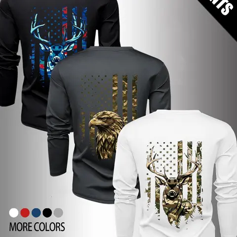 Men's 3-Pack Loose Long Sleeve T-Shirts with USA Flag, Camo, Deer & Eagle Vintage Inspired Graphic Print, Breathable Outdoor Hunting Retro Tee, Camping Tops