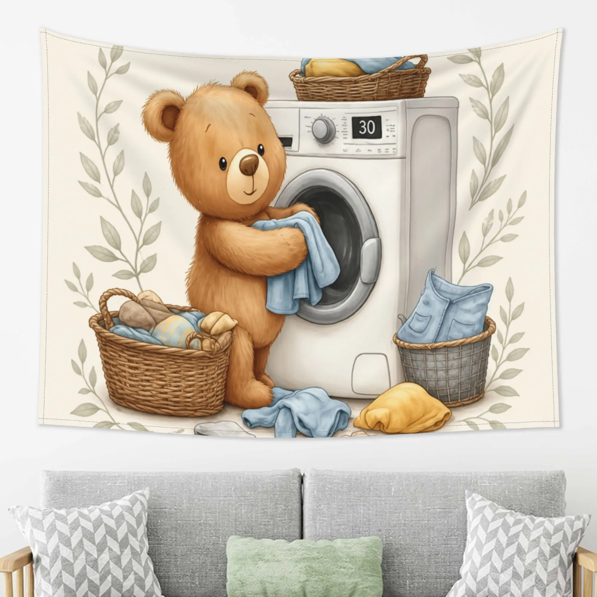 Cute Teddy Bear Laundry Wall Hanging Tapestry - Funny Animal Washing Clothes Art for Laundry Room Decor, Nursery Wall Art, Aesthetic Fabric Poster for Bedroom Home Decoration,Hippie,UV