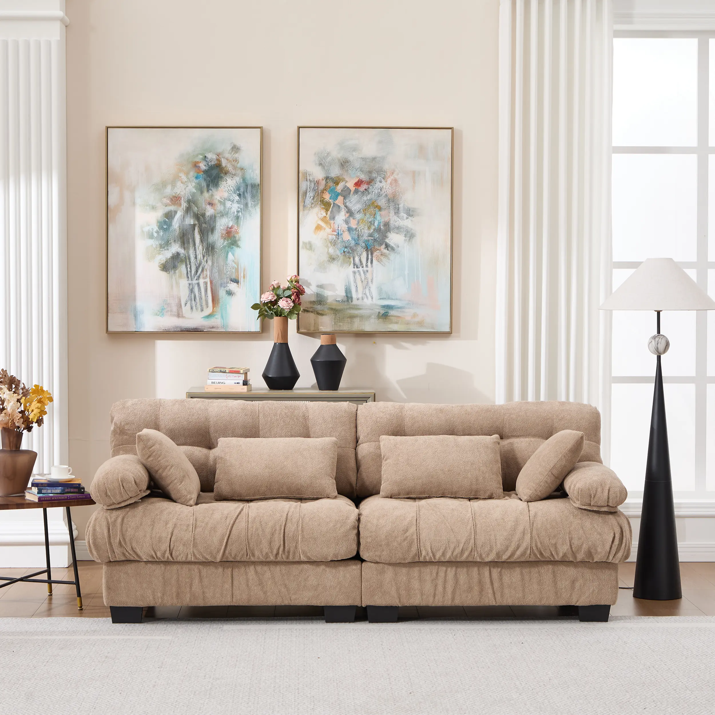 ARCH Modular Cloud Couch Sectional 2-Seat Loveseat for Living Room, Deep Seat Sofa with Pillowed Arms, Comfy Flannelette Upholstered Wood Frame, Light Brown, 4 Throw Pillows Included