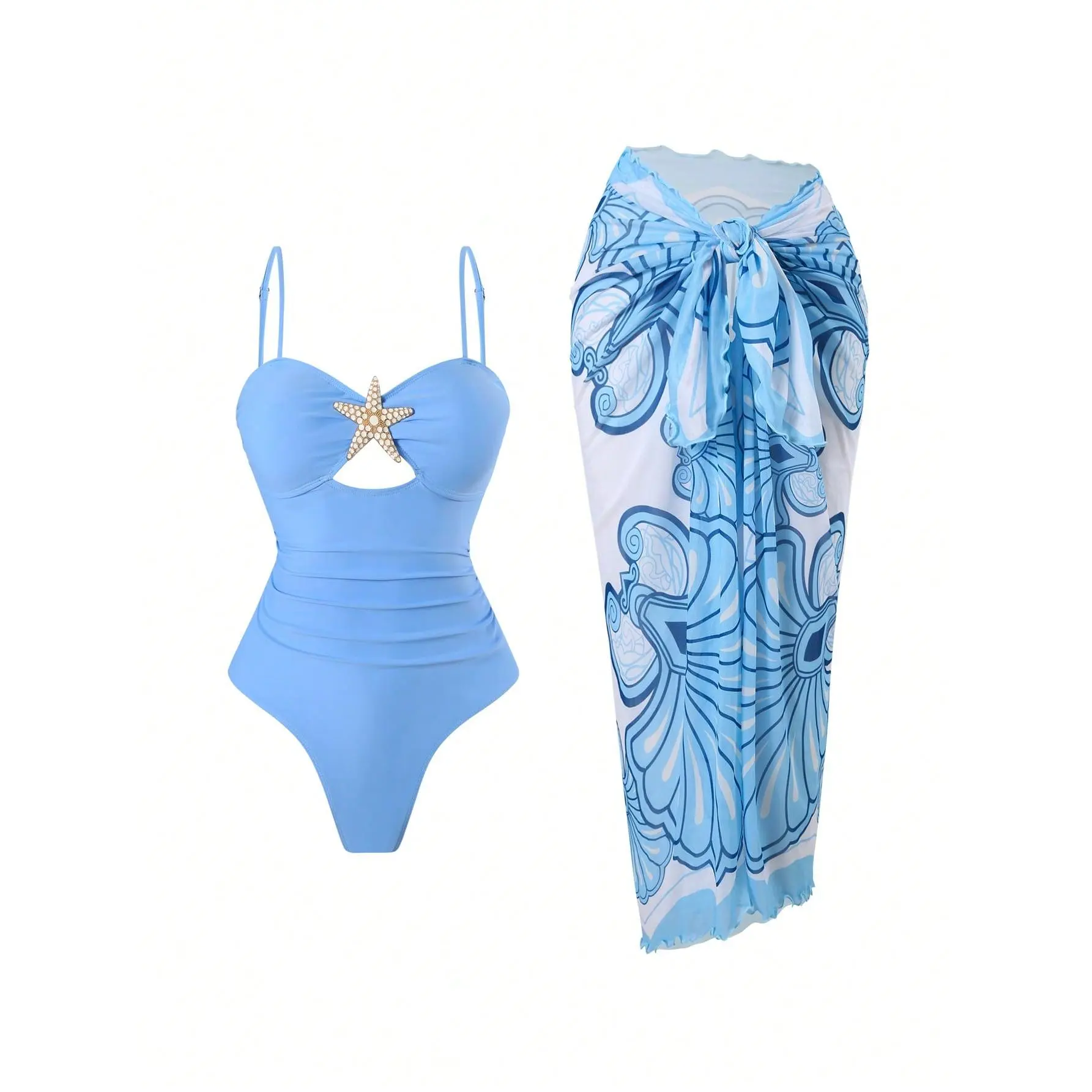 Women's Nautical-Inspired 2-Piece Beachwear Set - Form-Fitting Blue Swimsuit with Starfish Detail, Lightweight Tie-Front Printed Sarong Cover Up for Summer Beach Use