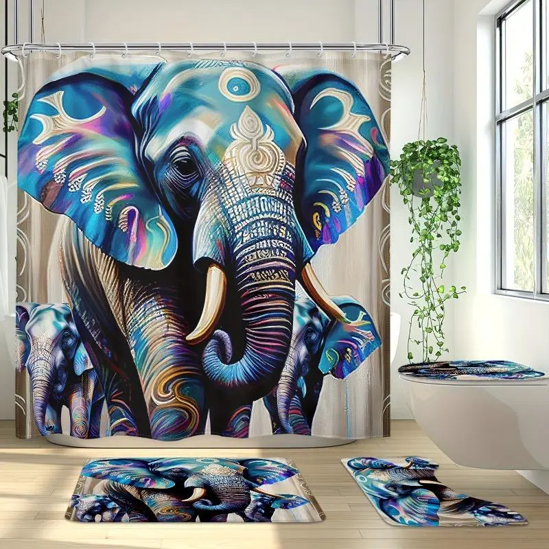 1/4PCS Elephant Shower Curtain Set – Bohemian Oil Painting Animal Elephant Design, Includes Shower Curtain with 12 Plastic Hooks, Anti-Slip Mat, U-Shaped Mat & Cover, Modern Cool Home Bathroom Decor