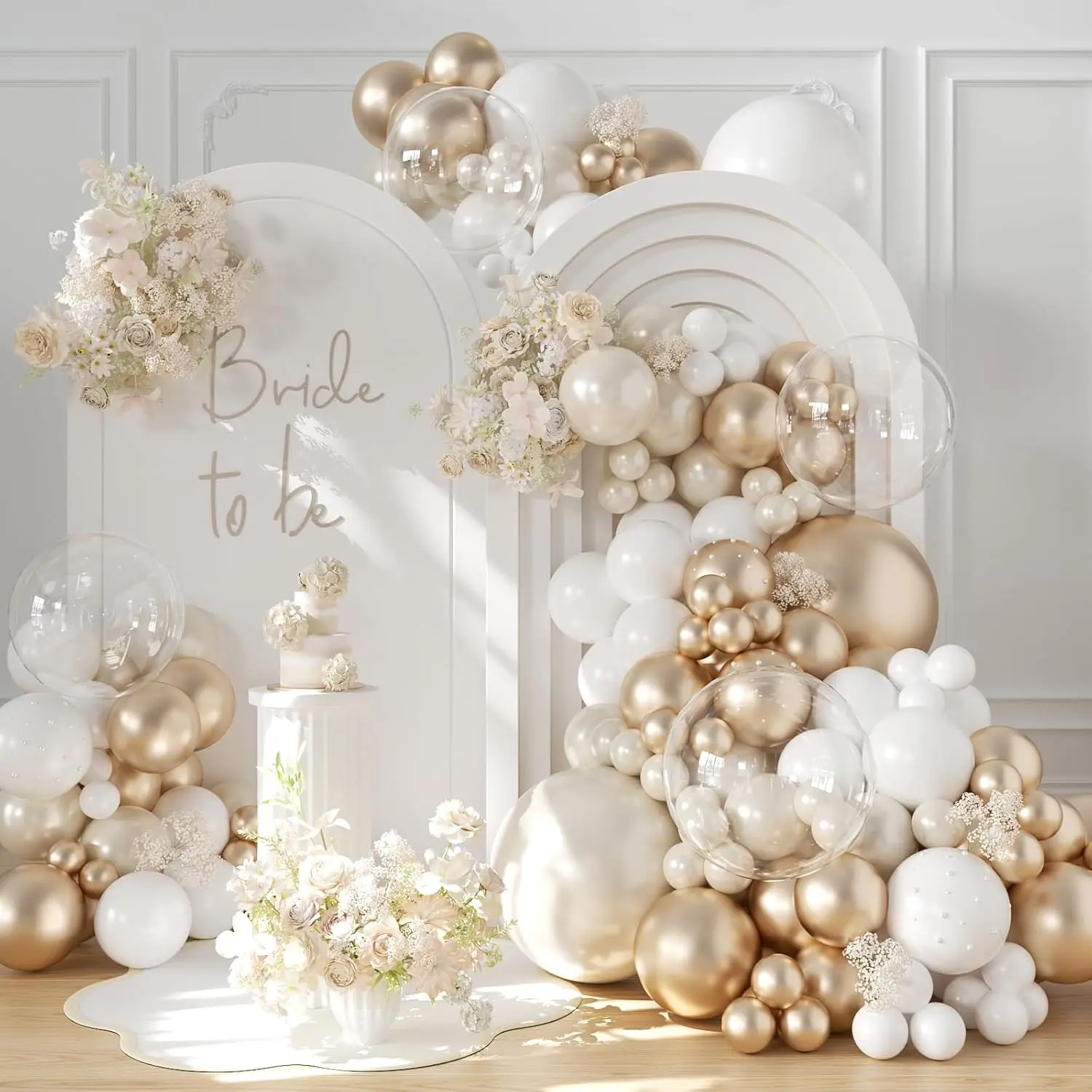 CROSSFINGERS Pearl Champagne Gold and White Balloon Garland Arch Kit, Double Stuffed 168pcs Pearl White Balloons for Birthday Wedding Shower Bridal Shower Engagement Party Decoration