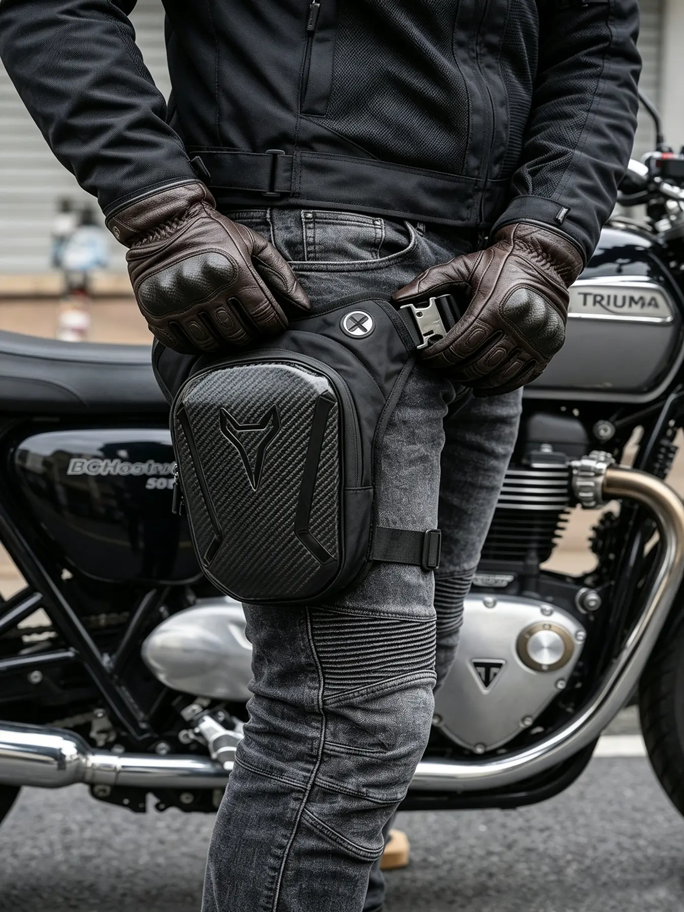 Lightweight motorcycle thigh waist bag for scooters and motorbikes, waist pack for riding and daily commute, tear-resistant sturdy fabric, equipped with thick padded cushion, adjustable shoulder strap and separate zipper compartments