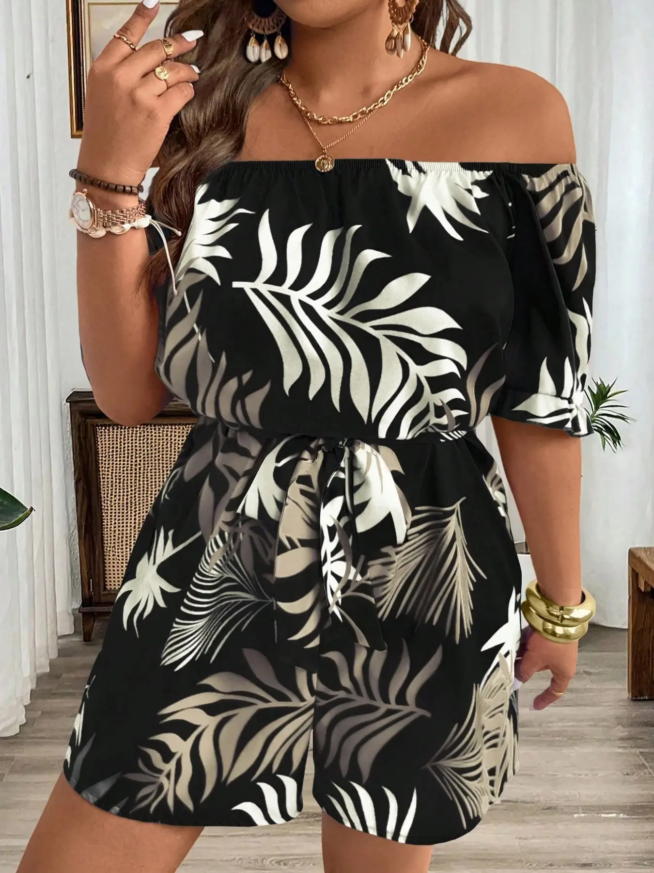 Women's Plus Size Romper Boho Bohemian Tropical Leaf Print Off Shoulder Ruffle Sleeve Tie Waist Casual Summer Beach Vacation Outfits Trendy Feminine Casual Summer Jumpsuits