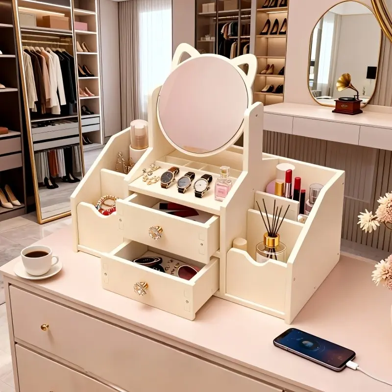 A Stylish White Dressing Table with a Rotating Makeup Mirror, Featuring Drawers And Shelves for Elegant Storage of Cosmetics, Perfect for The Bathroom, Living Room, Or Bedroom, Making It an Ideal Holiday Gift
