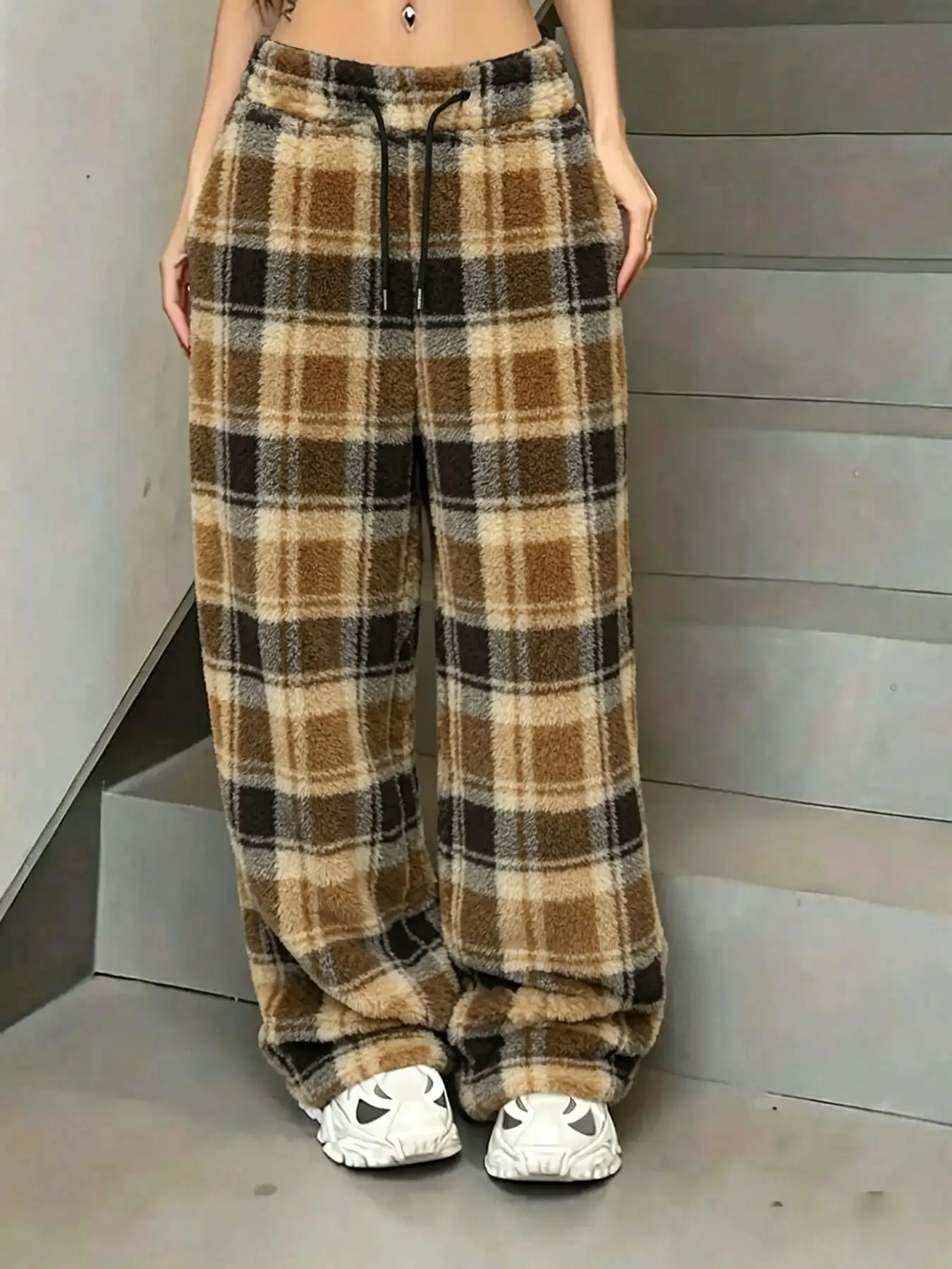 Women's Fall Winter Plaid Fuzzy Baggy Oversized Wide Leg Pants, Drawstring High Waist Thick Warm Home Lounge Pants, Comfortable Casual Fashion Daily Wear