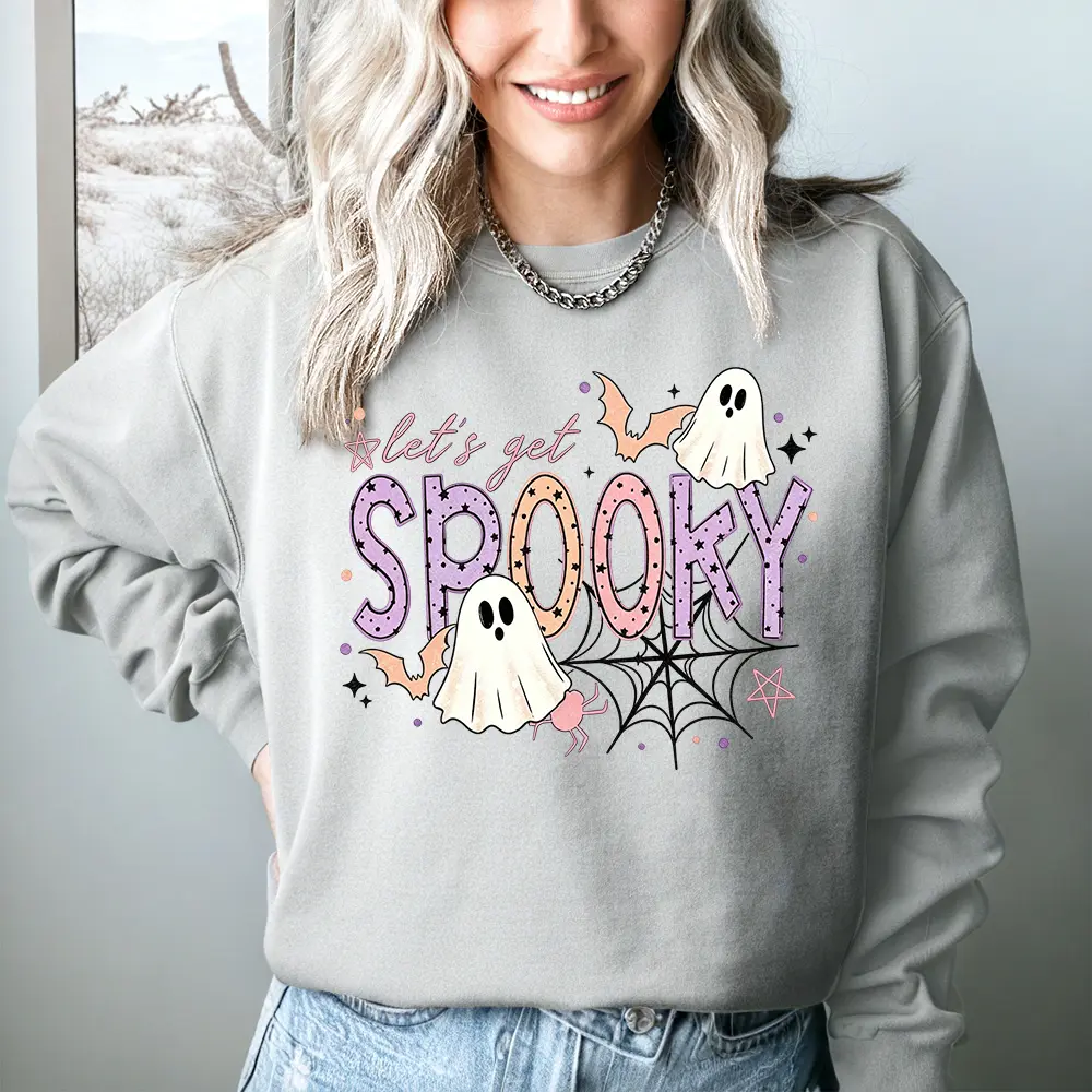 Women's Sweatshirt with a Cute Halloween Ghost Print, Casual Fleece Pullover, Soft Unisex Crewneck Top with Long Sleeves for All Seasons, Sweatshirts, Round Neck, Tops, Women's Clothes, Clothes, Lady, Anti-Pilling, Combed Cotton, Machine Wash, Reinforced,