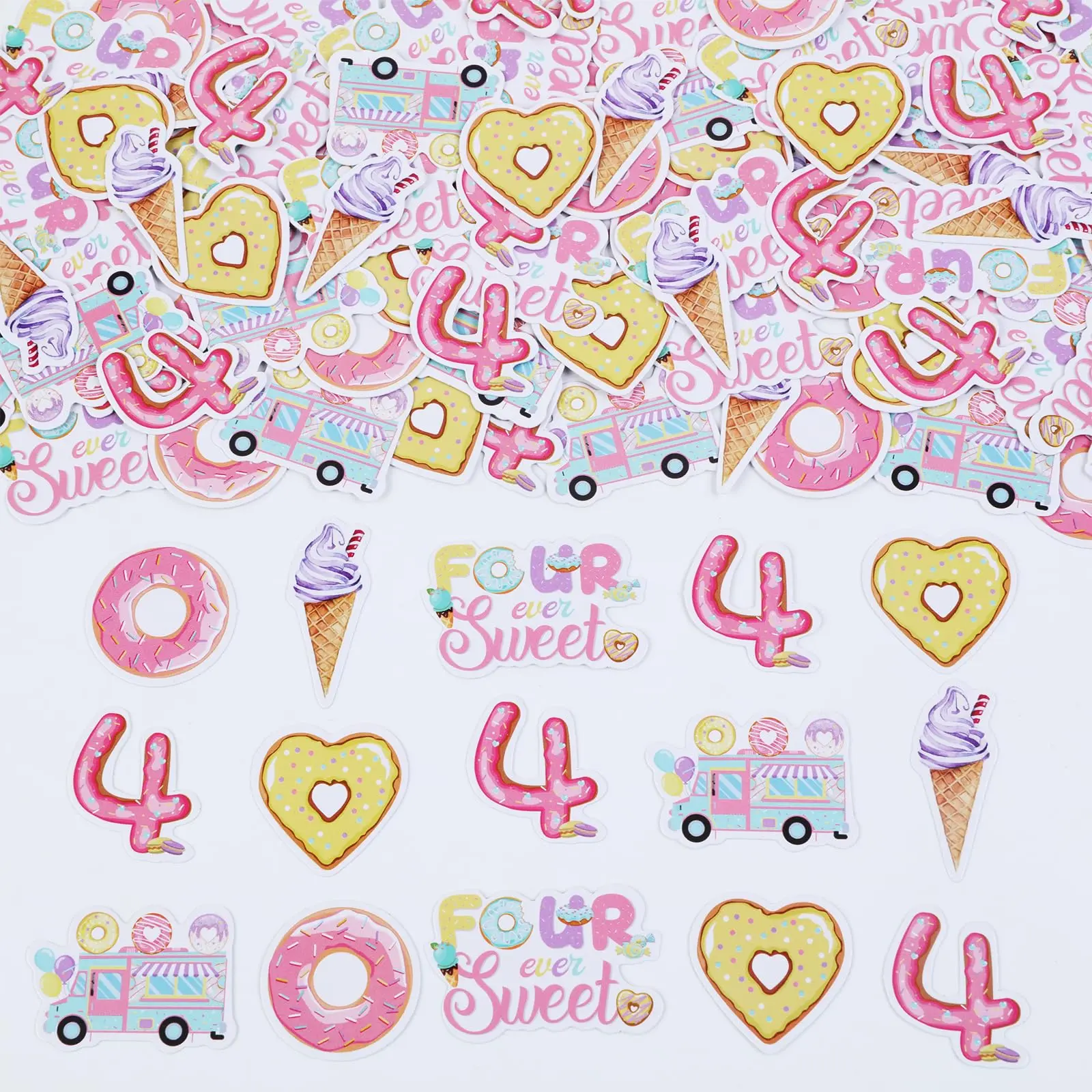 1Set Four Ever Sweet Table Decor 200pcs Four Ever Sweet Confetti for Tables Donut 4th Birthday Party Decor Four Year Ice Cream Bday Supplies for Dessert Ice Cream Birthday Girl