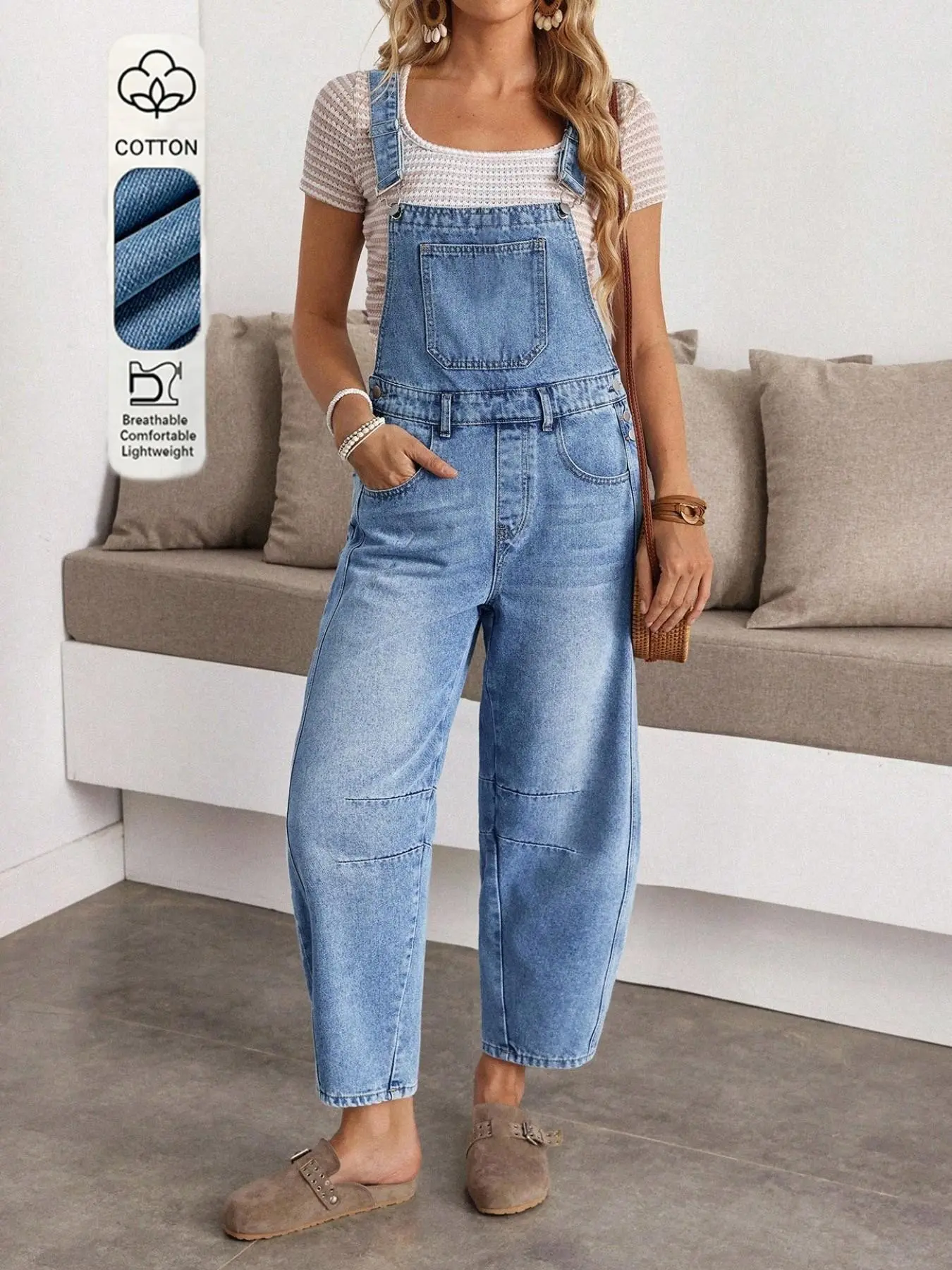 Women's Simple Everyday Casual Dungarees, Fashionable and Comfortable, Denim Bib Overalls Loose Fit Overalls Light Wash Barrel Leg Loose Jumpsuit With Adjustable Straps & Pockets, Versatile for All Seasons, Street Style, Trendy and Cozy