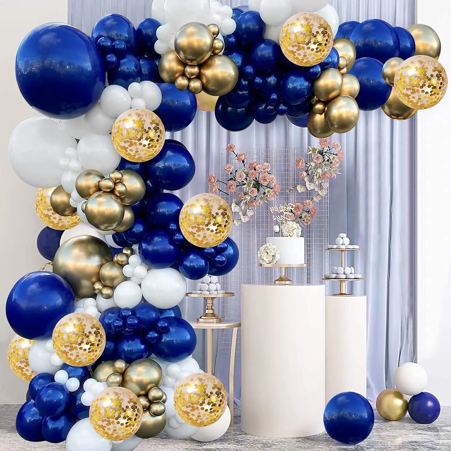 Multi-Size Natural Latex Confetti Balloons Kit - Shiny Finish Navy Blue, Gold, White Confetti, Knot Tool Included - Ball Garland Balloons for Happy Birthday, Anniversary, Class of 2025 Graduation Decor, Birthday Ideas Supplies, Photo Booth, Different Size