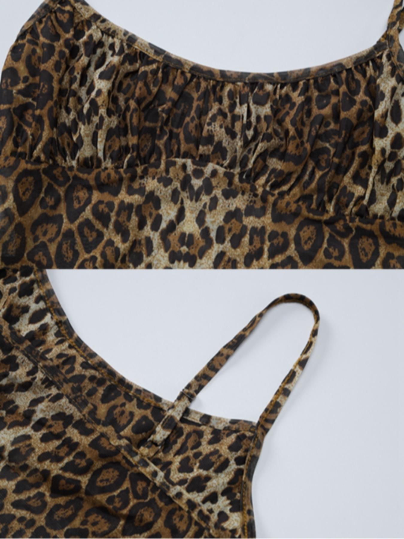 Women's Leopard Print Sheer Mesh Two-piece Set, Sexy Sleeveless Spaghetti Strap Cami Bodysuit & Flare Leg Pants Set for Party Club Night Out, Ladies Summer Clothes, Fashion Clothes Set