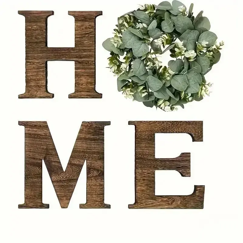 Farmhouse Polyester Wooden Home Wall Sign Set, Rustic Letter Signs with Artificial Eucalyptus Garland & Wreath, Everyday Country Hanging Decor for Living Room, Lawn Game Space sohochic