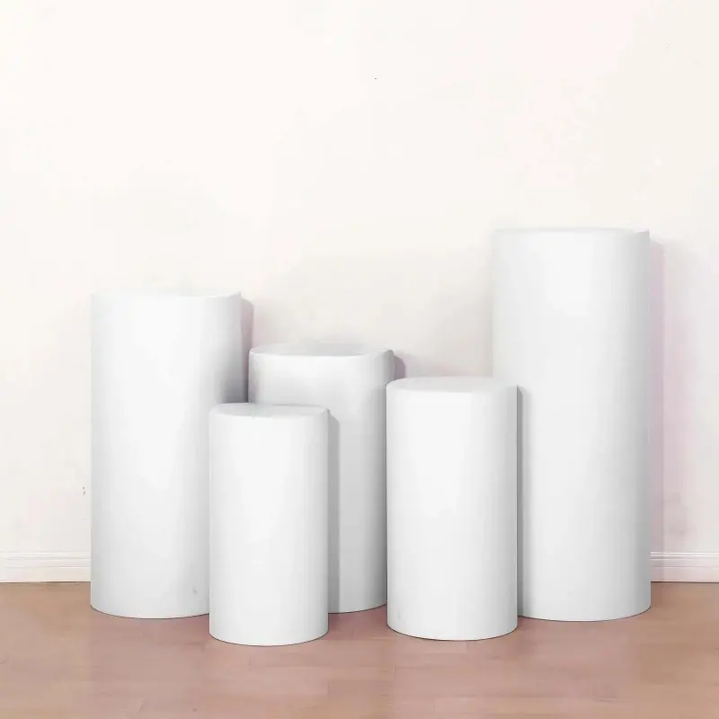 Set of 5 White Spandex Cylinder Pedestal Stand Covers, Stretchable Pillar Prop Covers - 160 GSM, Machine Washable Covers, Decorations